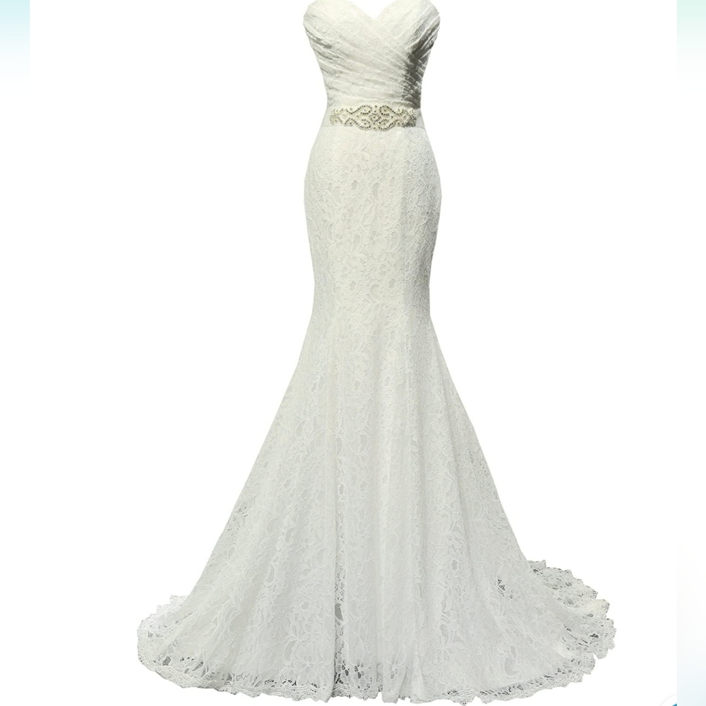 Elegant White Lace Strapless Wedding Dress with Beaded Waist